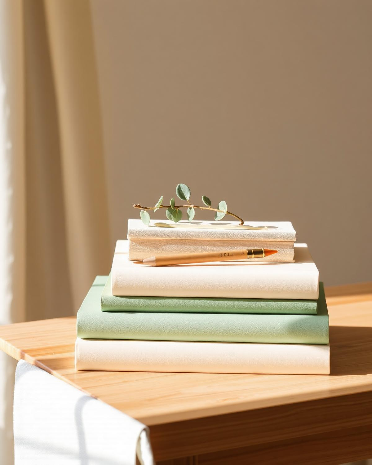 Pile de carnets aux tons doux surmontée d'une branche d'eucalyptus, lumière douce