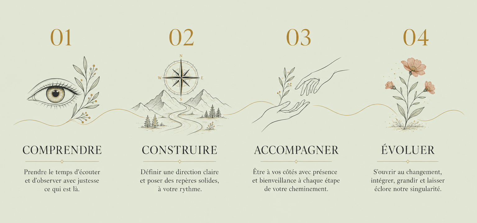Planche illustrée en quatre étapes : comprendre, construire, accompagner, évoluer